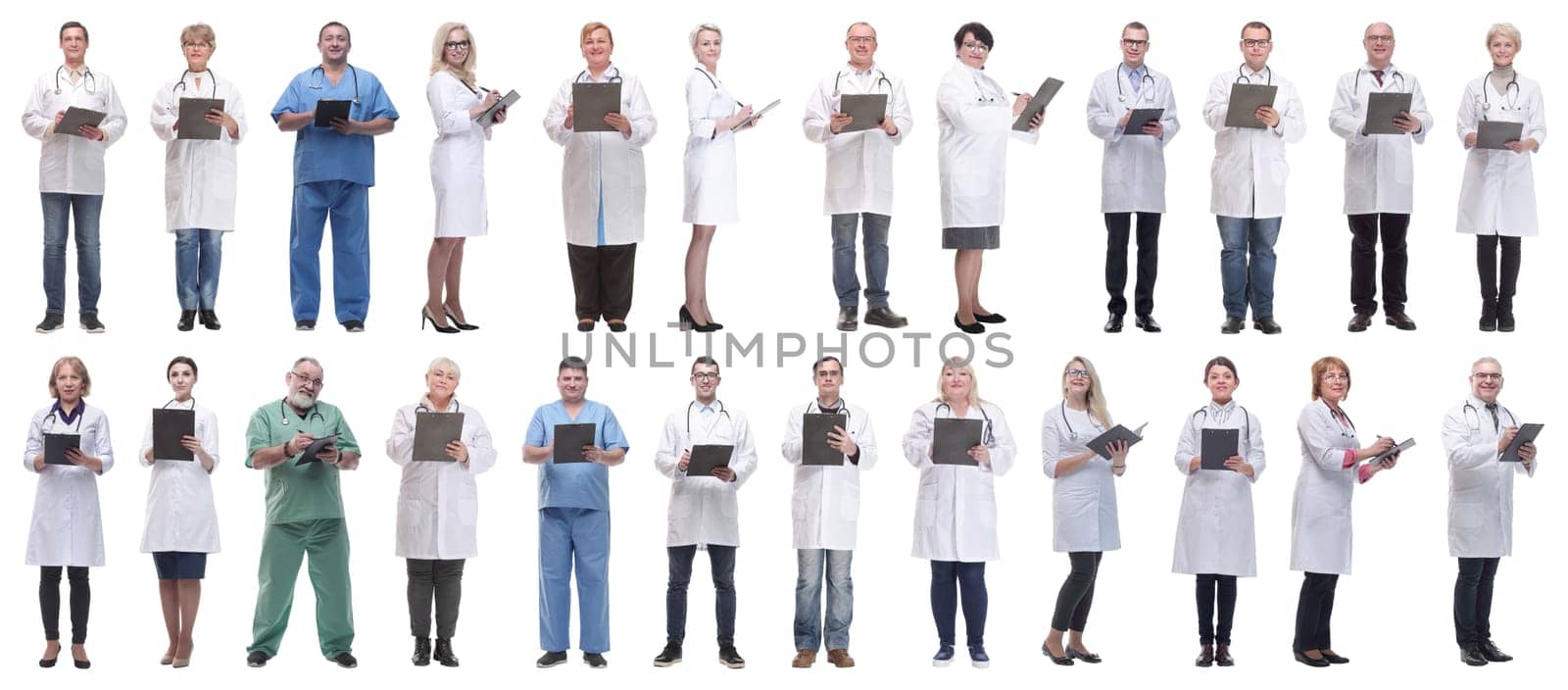 group of doctors in full length isolated on white background