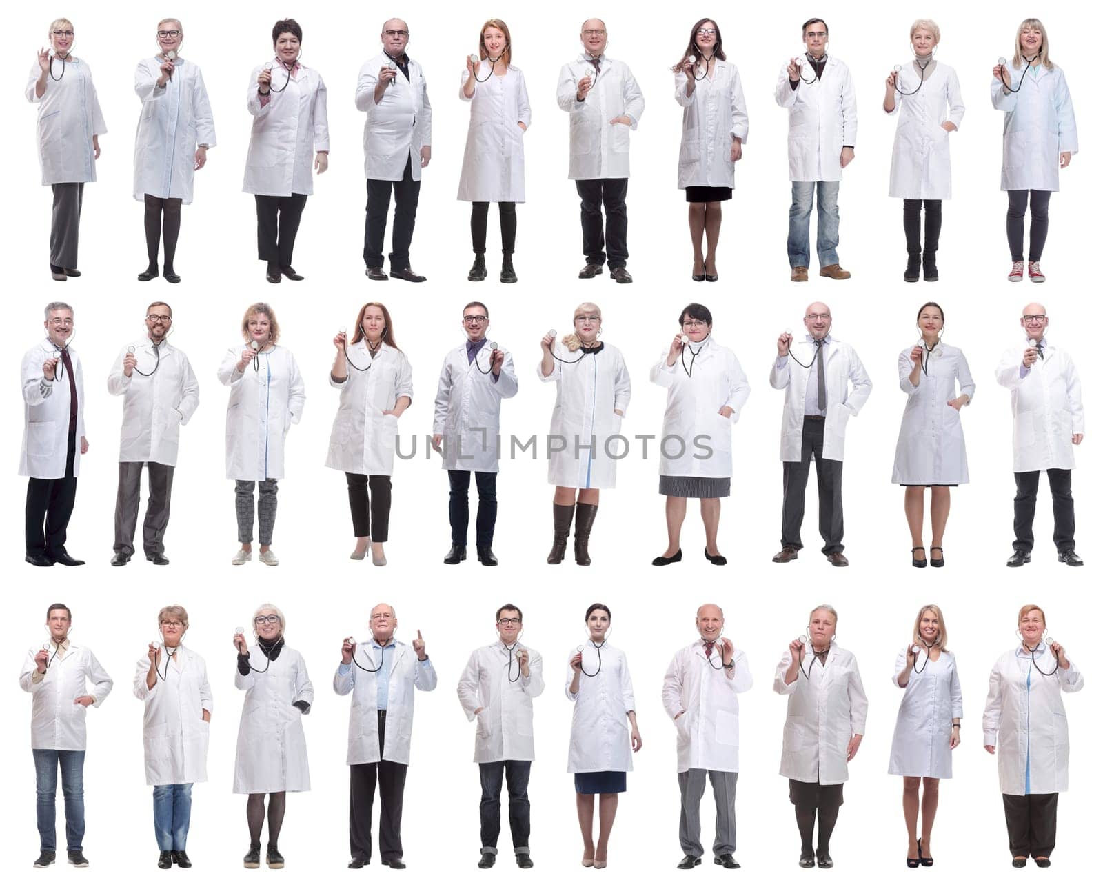 group of doctors holding stethoscope isolated on white background