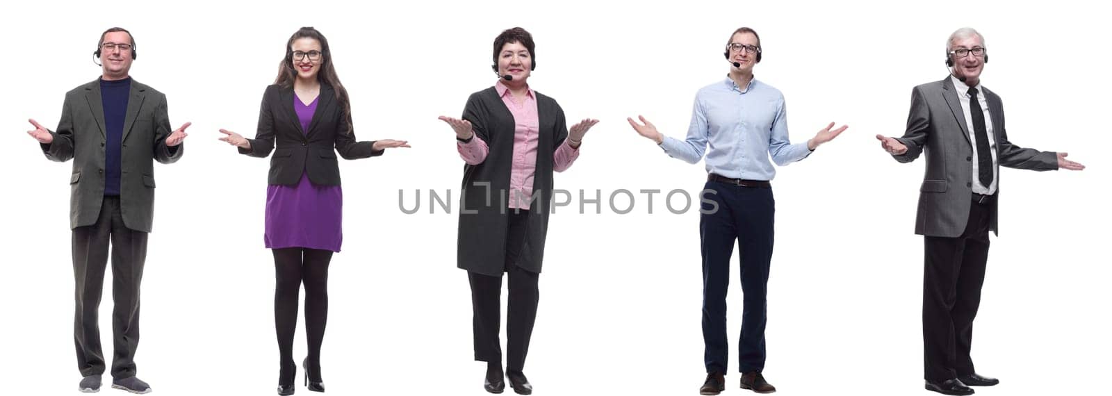 group of business people with microphone isolated on white background