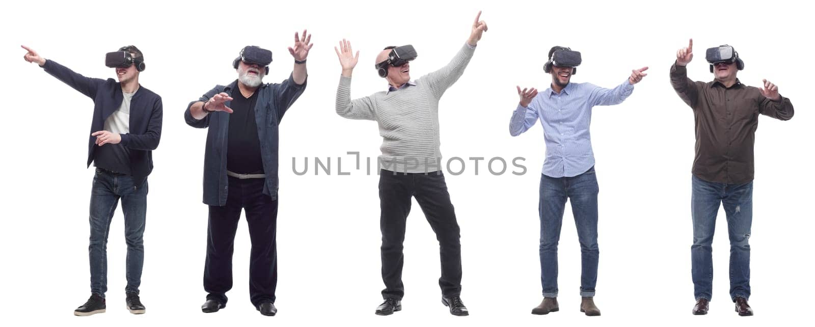 group of people with 3d glasses hands up isolated on white background