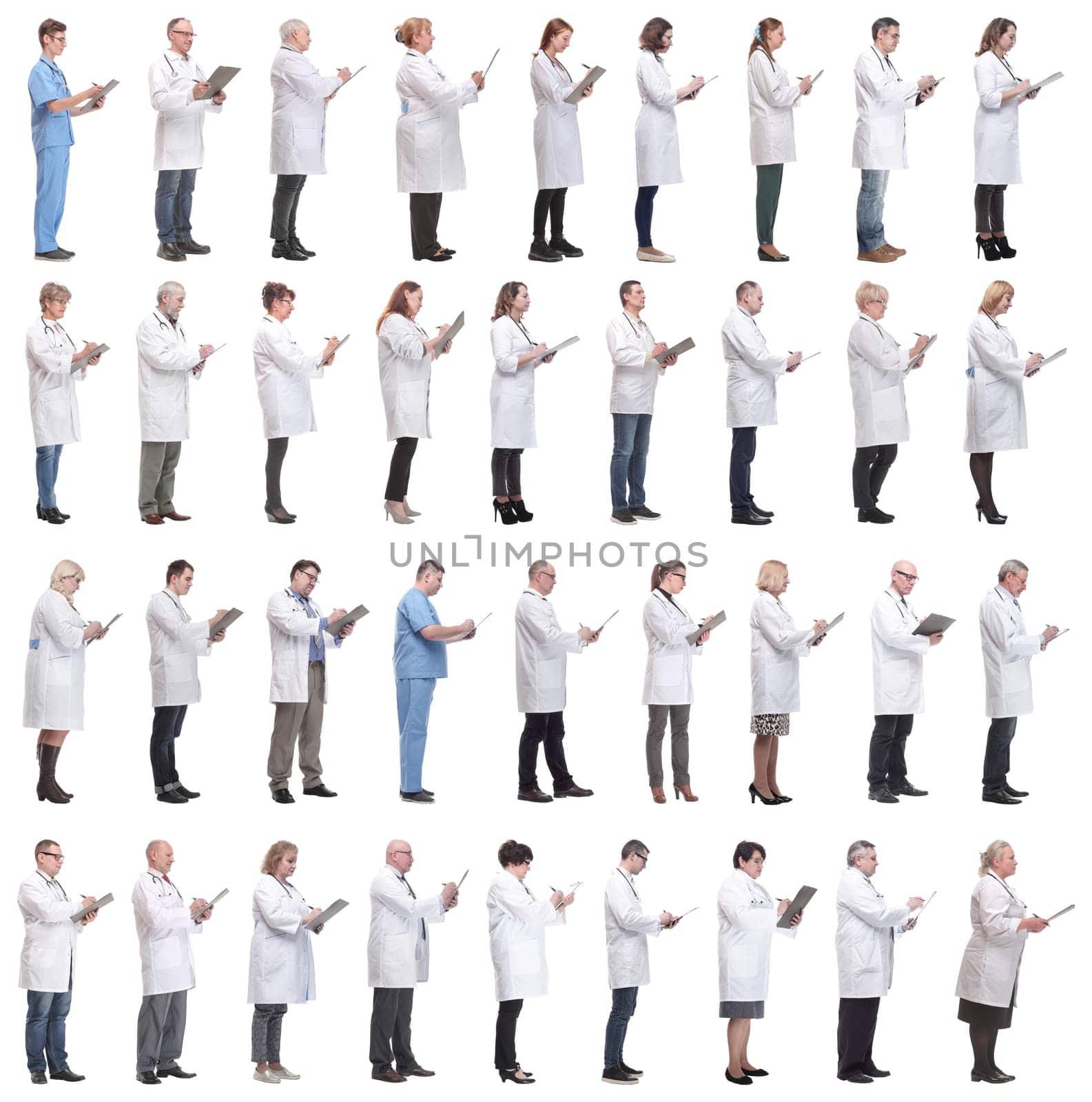 full length group of doctors with notepad isolated on white background