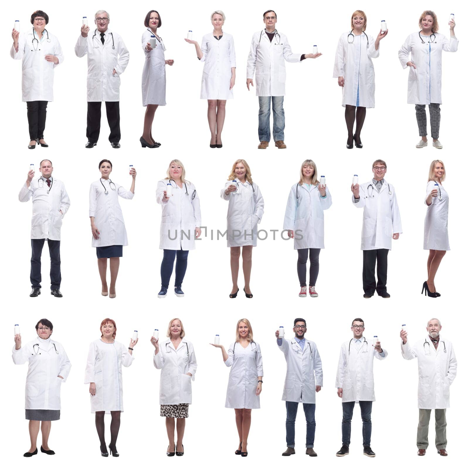 group of doctors holding jar isolated on white background