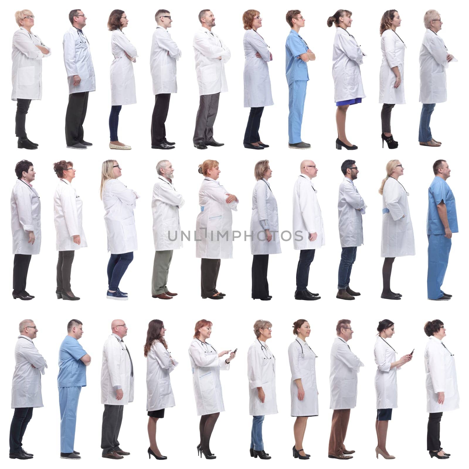 group of doctors in profile isolated on white background