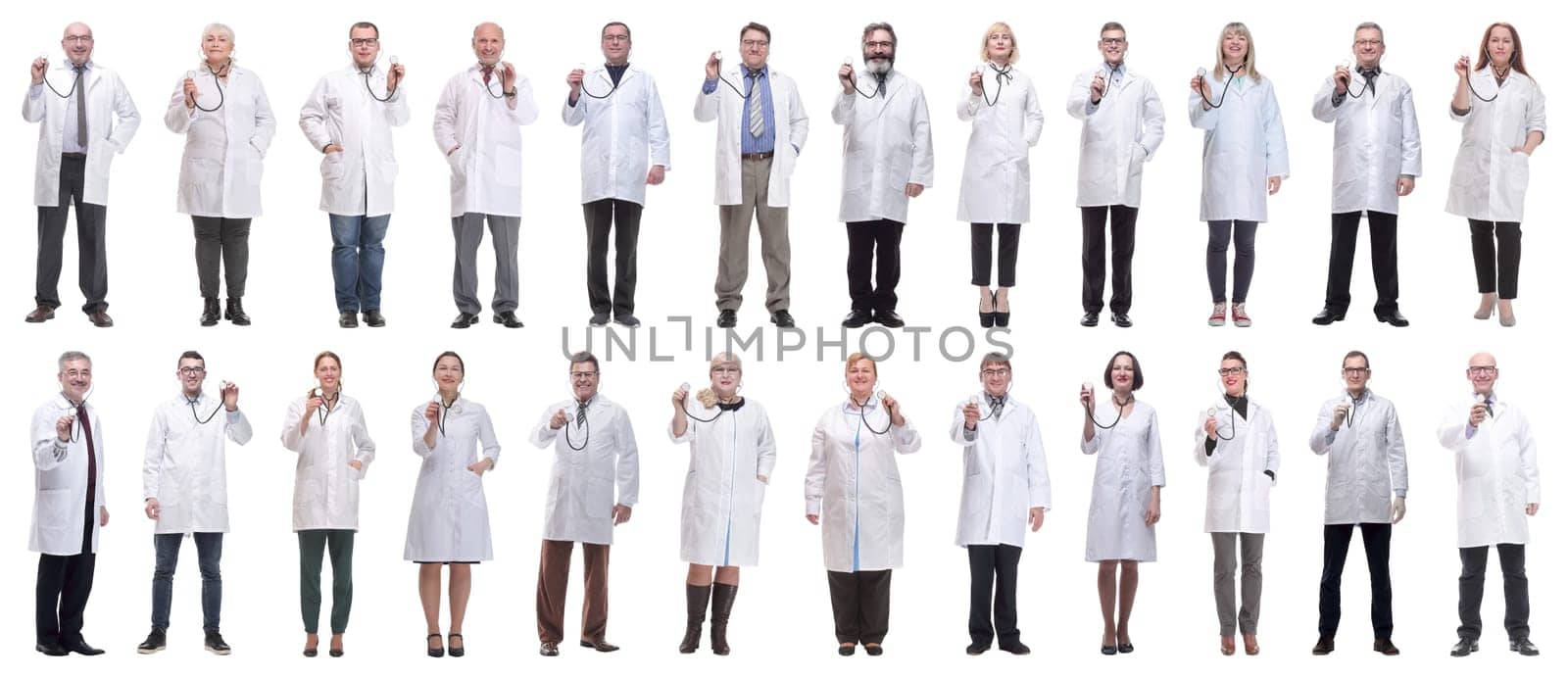 group of doctors holding stethoscope isolated on white by asdf