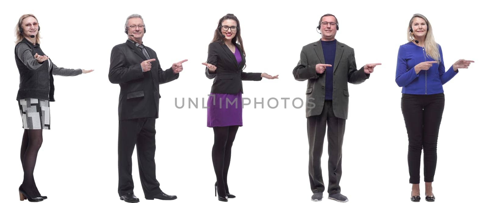 group of business people with microphone isolated on white background