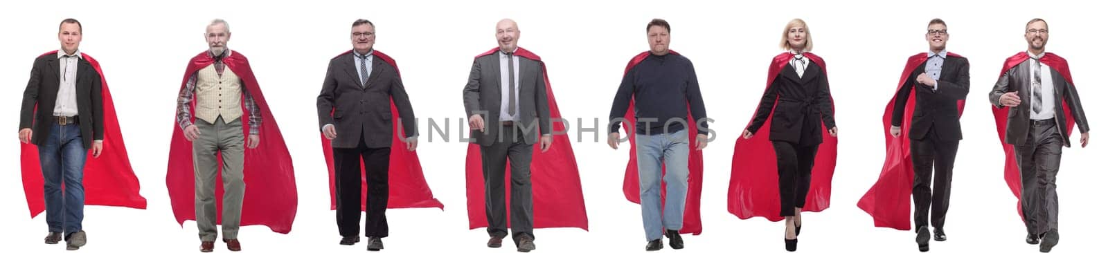 group of people in red raincoat isolated on white background