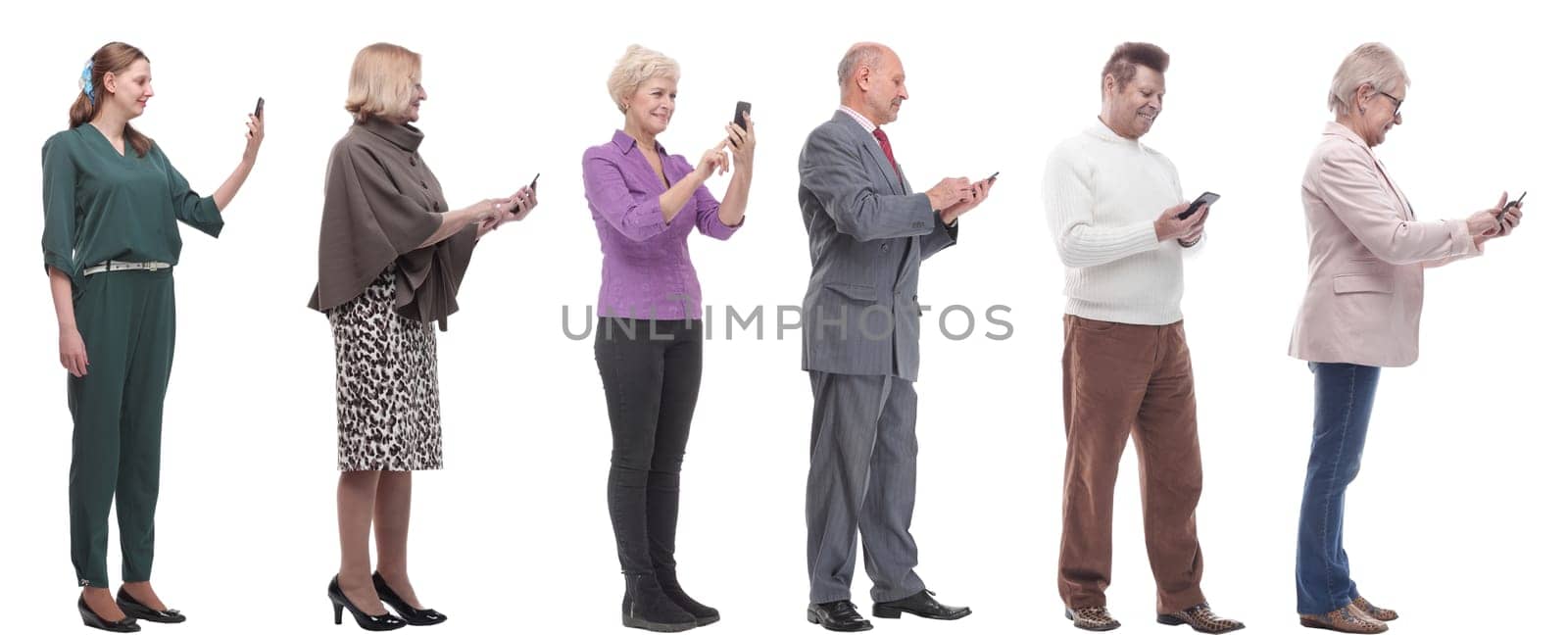 group of people profile holding phone in hand isolated on white background