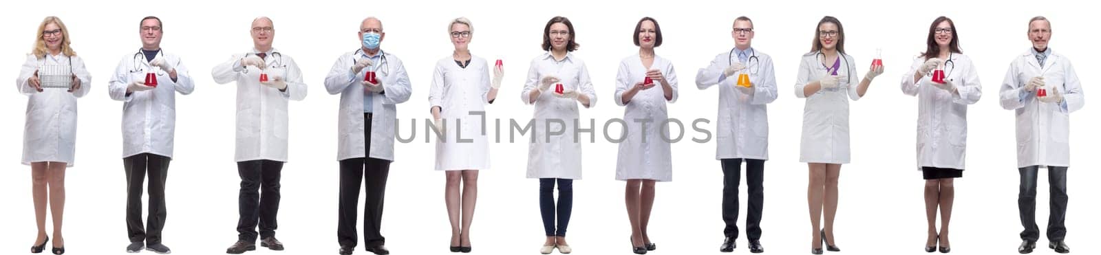 laboratory assistant holding a flask with liquid isolated on white background