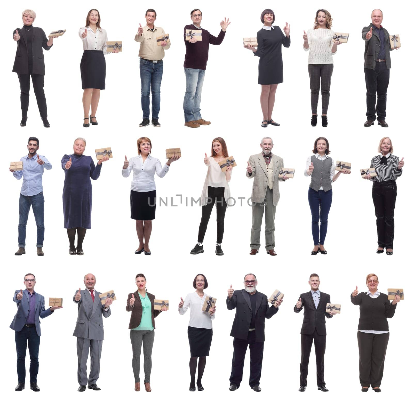 group of happy people with gifts in their hands isolated on white background