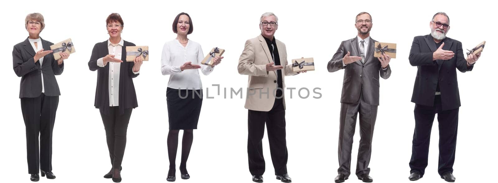 group of happy people with gifts in their hands isolated on white background