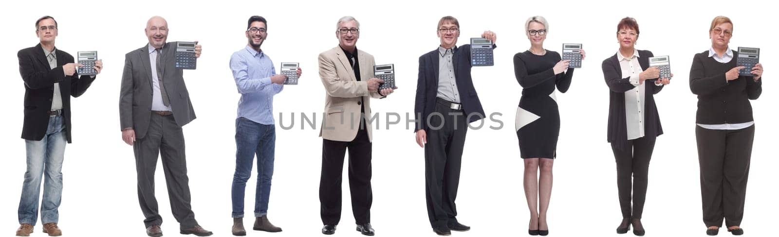 collage of people demonstrate calculator in hand isolated on white background