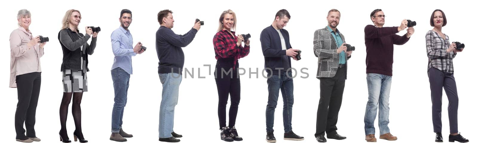 collage of group of photographers in profile isolated on white background