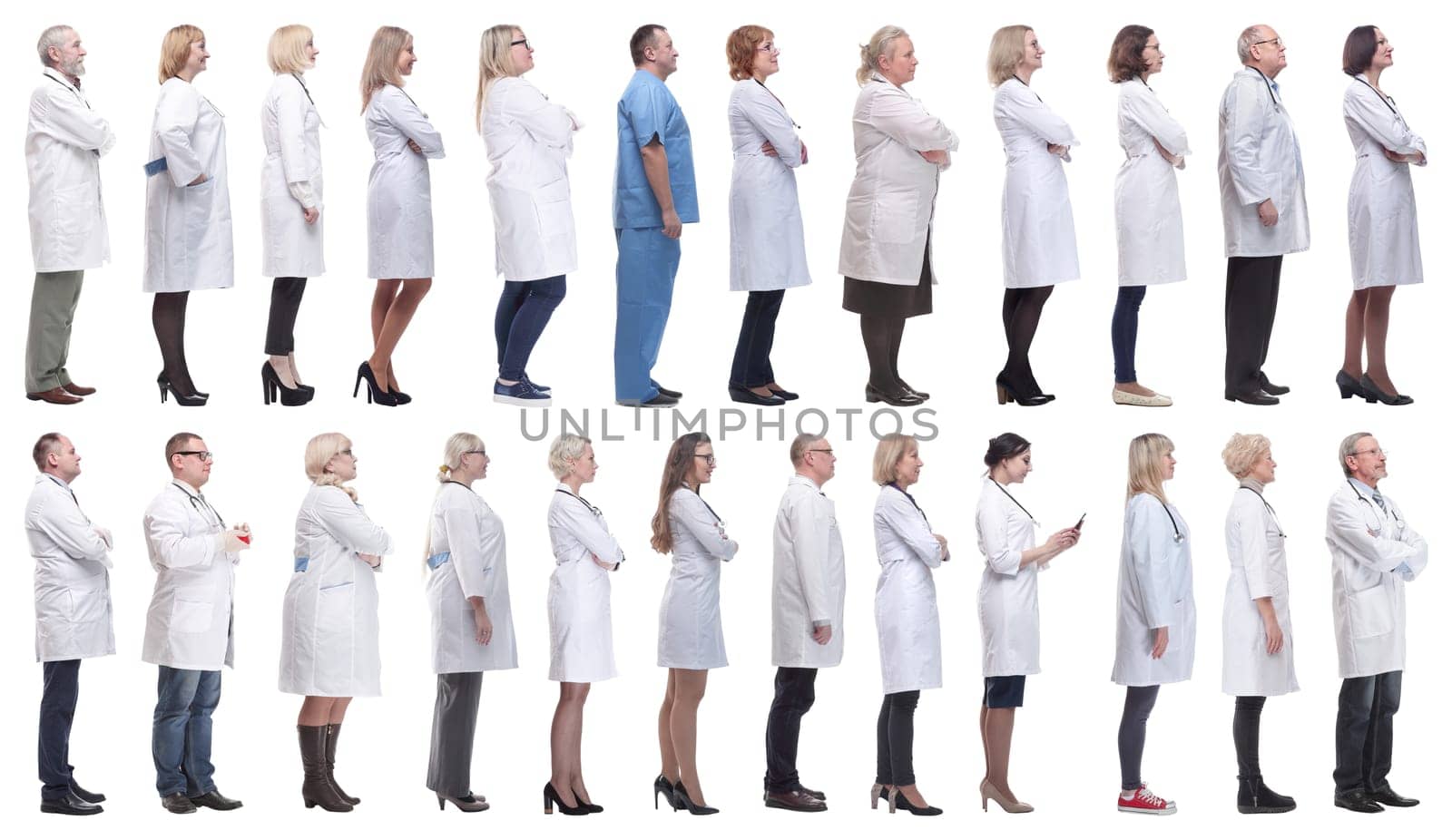 group of doctors in profile isolated on white background