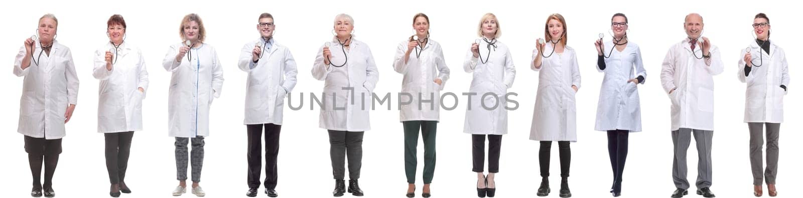 group of doctors holding stethoscope isolated on white background
