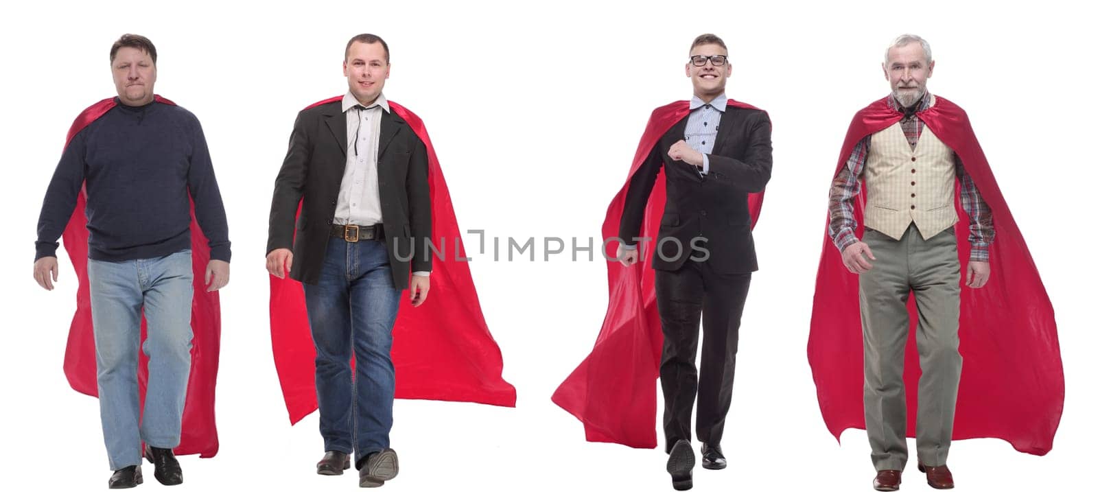 group of people in red raincoat isolated on white background