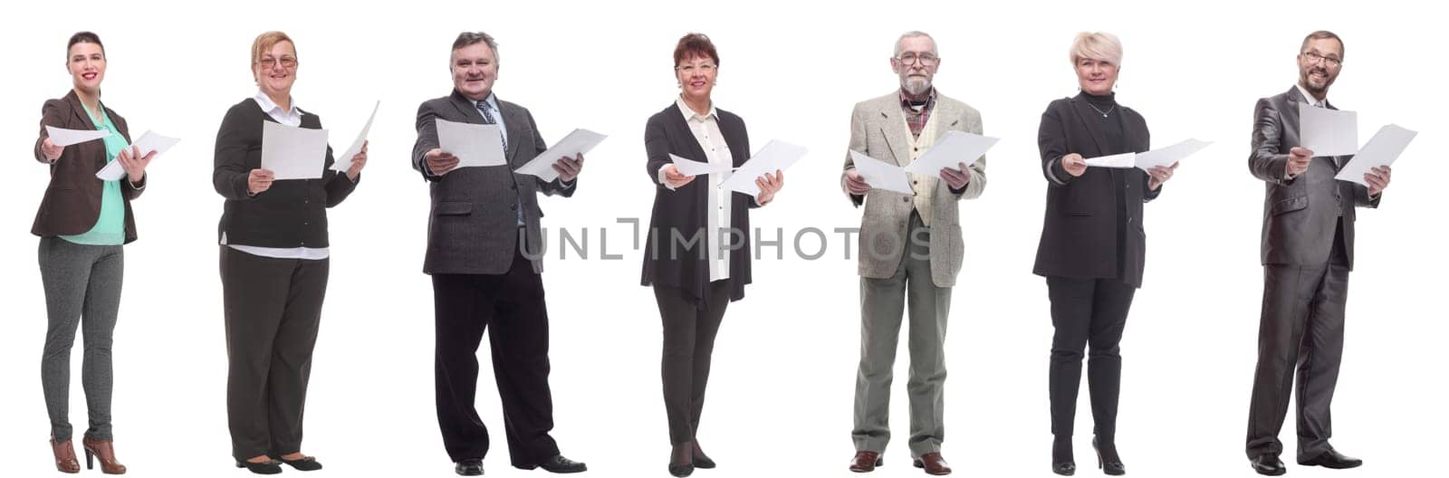 collage of people holding a4 sheet in hands isolated on white background