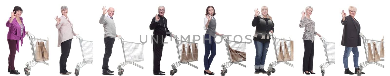 group of people in profile with shopping cart isolated on white background