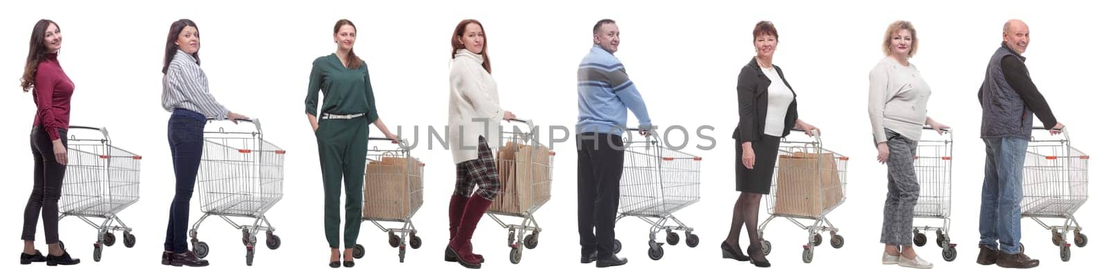 group of people with cart isolated on white background