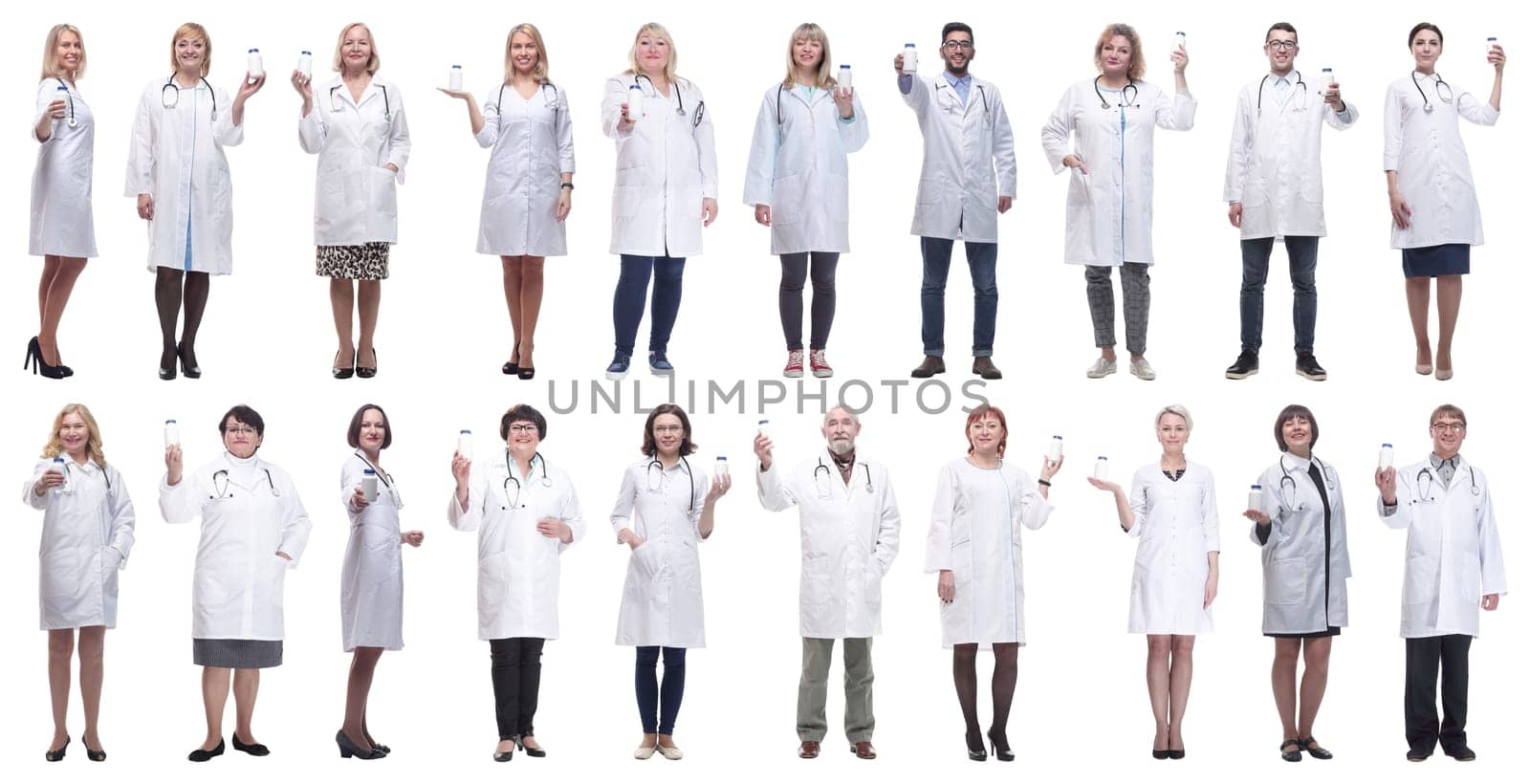 group of doctors holding jar isolated on white background