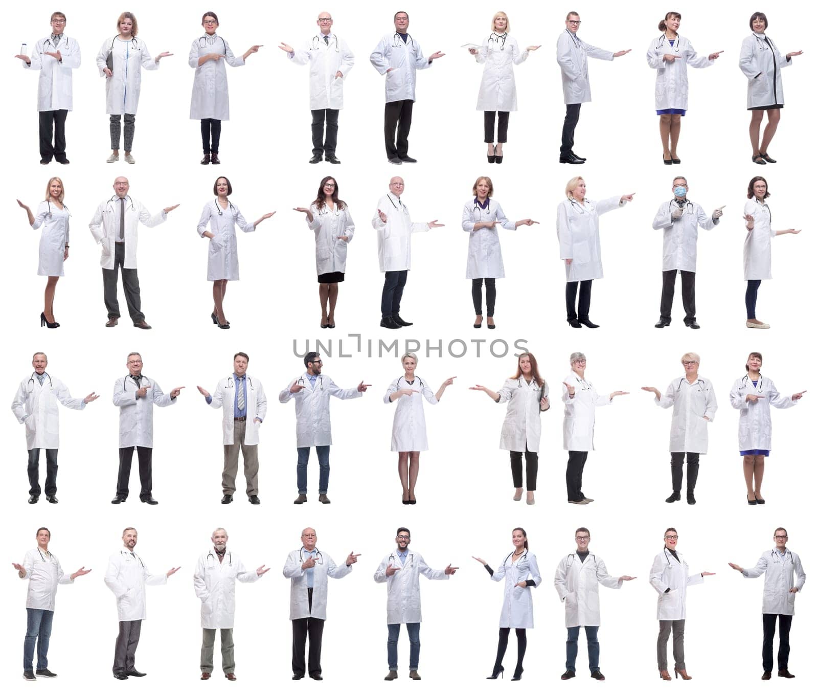 group of doctors in full length isolated on white background