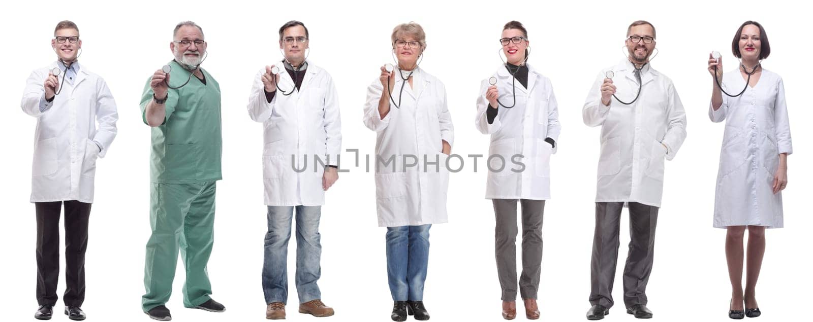 group of doctors holding stethoscope isolated on white background