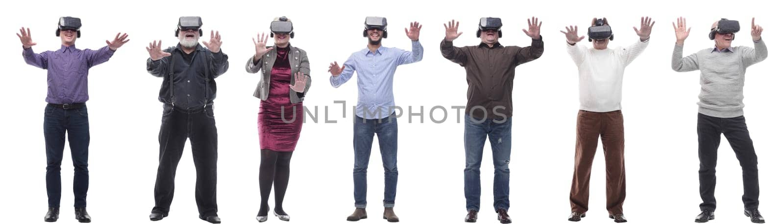 group of people with 3d glasses hands up isolated on white by asdf