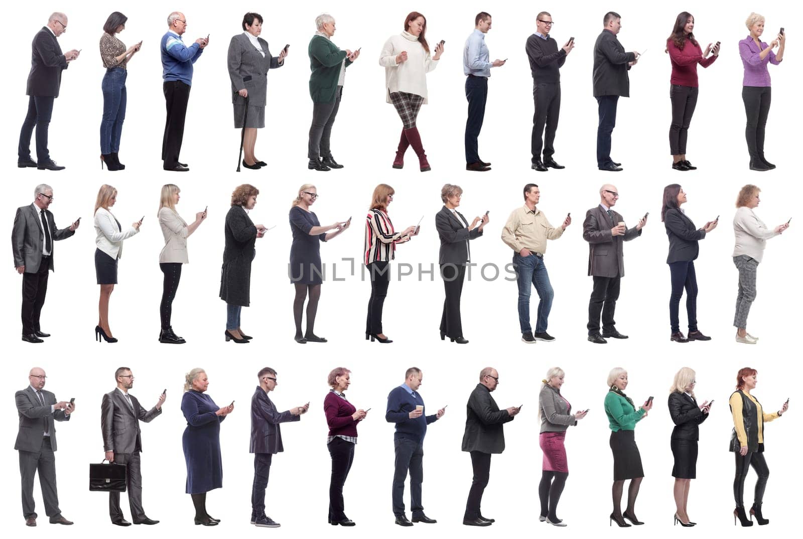 group of people profile holding phone in hand isolated on white background
