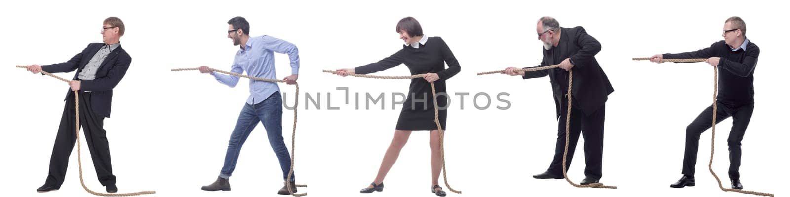 Business people pulling rope isolated on white background