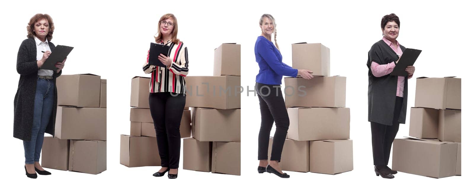 Collage of people lifting heavy cardboard box isolated on white background.