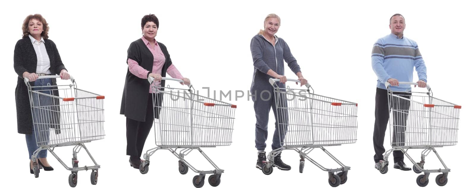 a group of people with a shopping cart stand in a row isolated on a white background