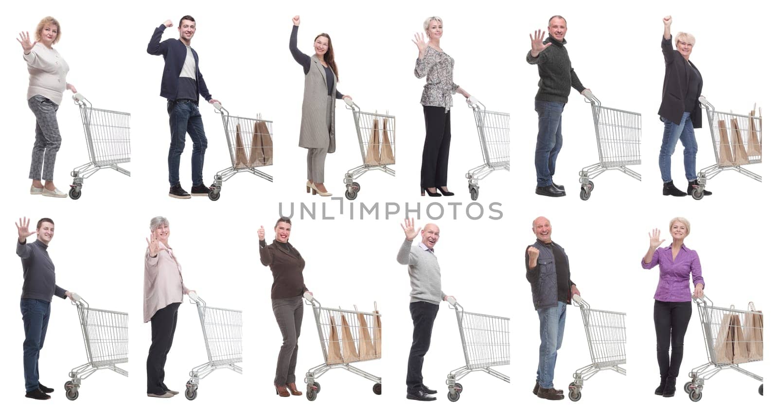 group of people with cart isolated on white background