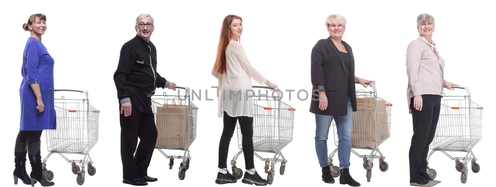 group of people with cart isolated on white background