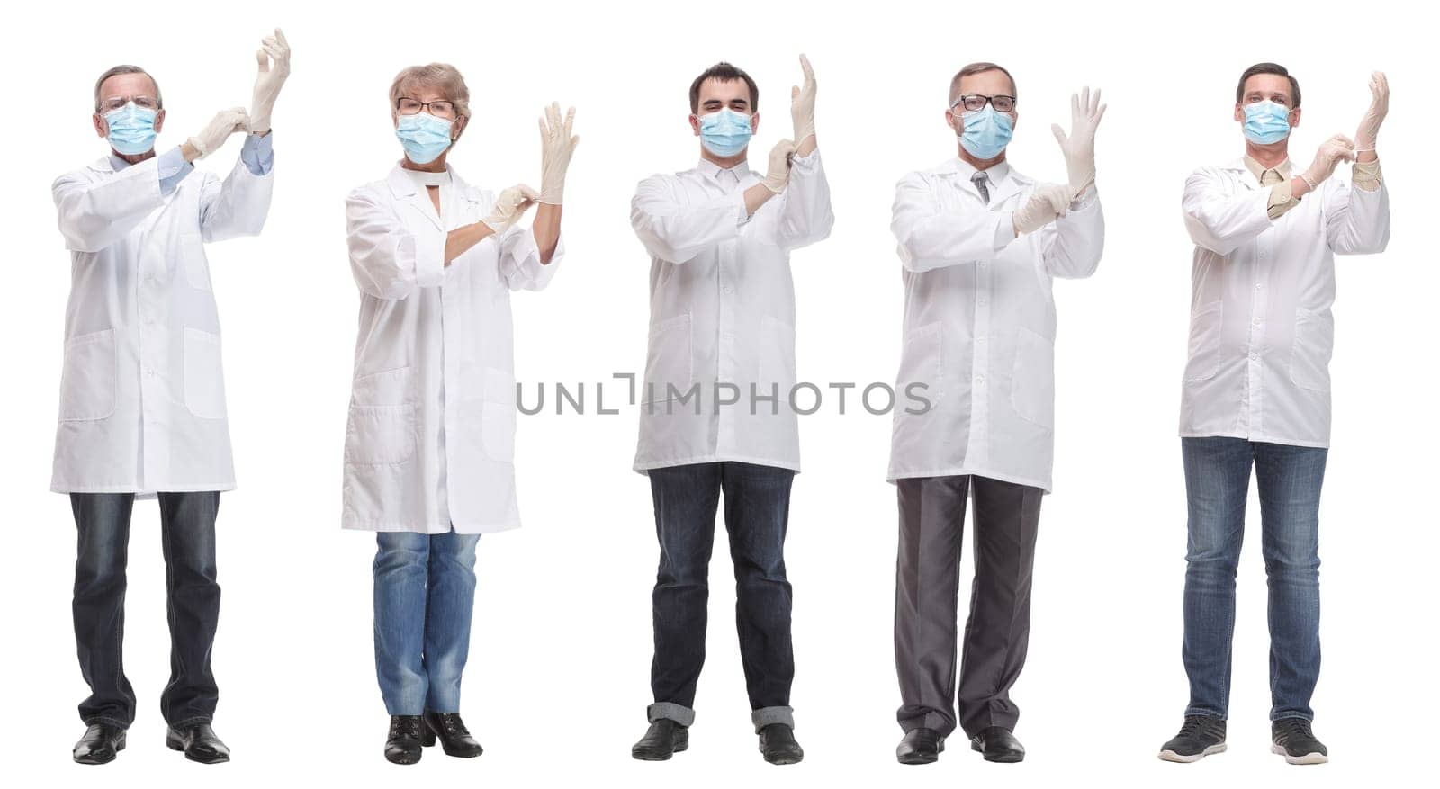 group of doctors in mask isolated on white background