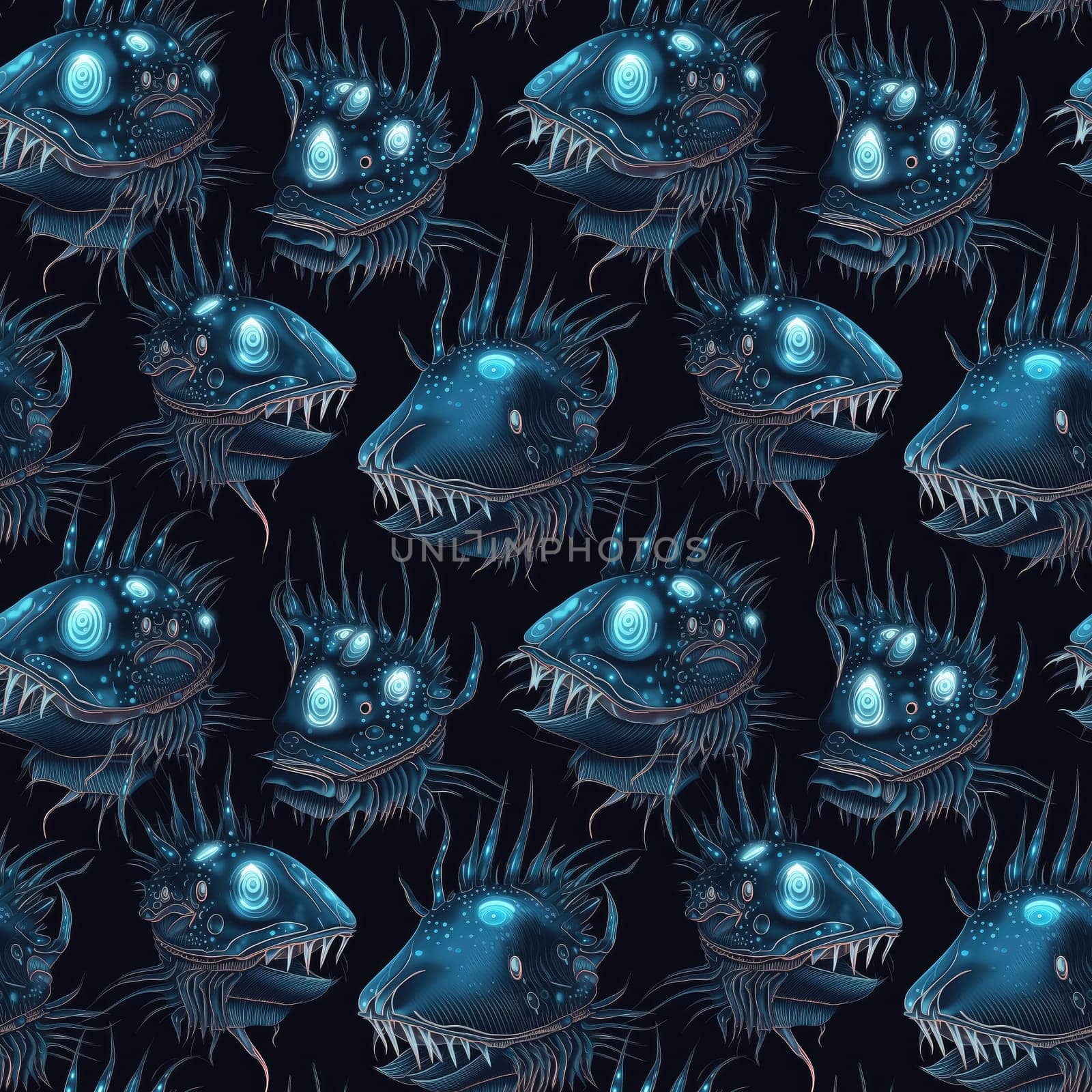 Seamless background of deep sea monsters and fish on a dark blue background, with bioluminescent features. Surrealism art style. AI generated