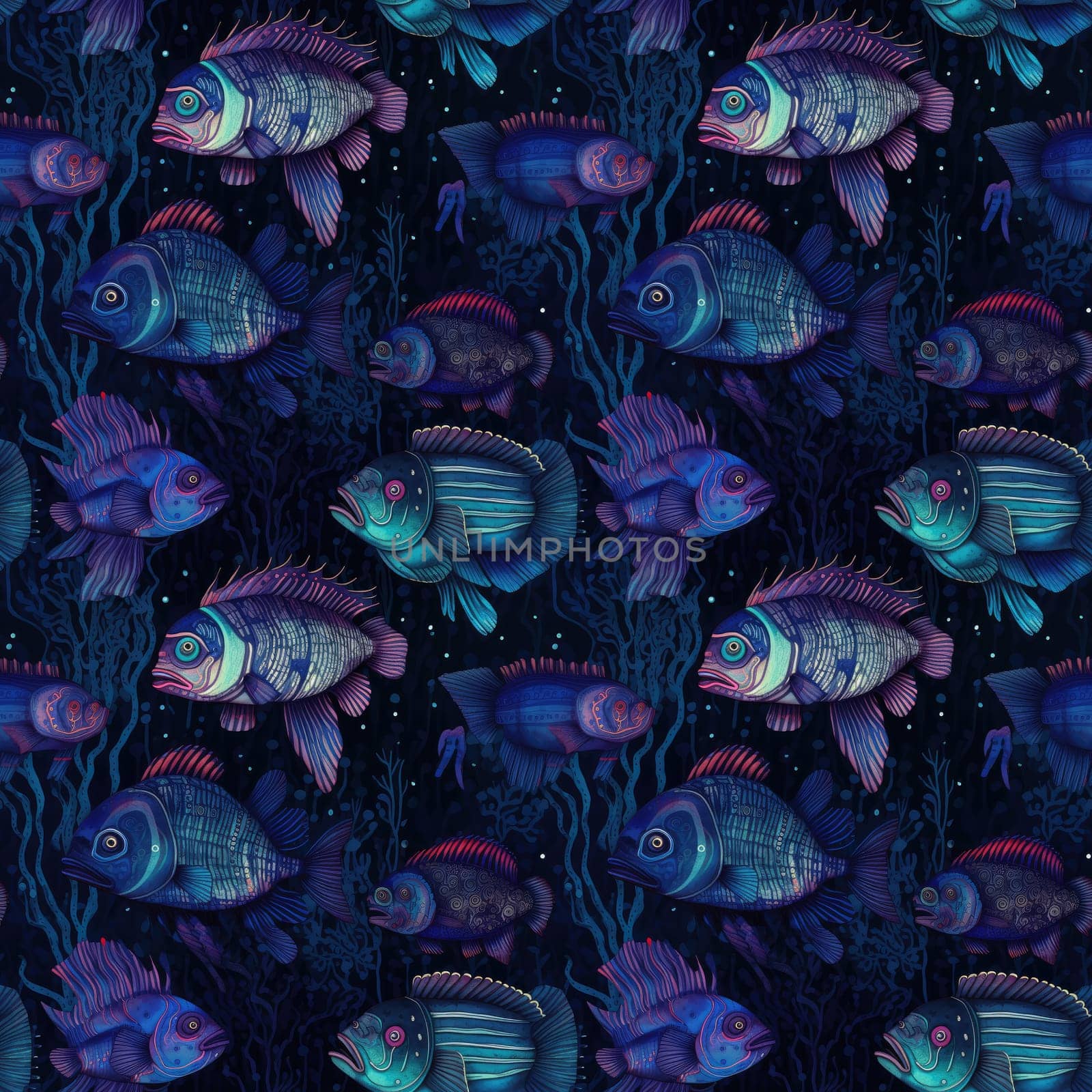 Seamless background of deep sea fish on a dark blue background, with bioluminescent features. Surrealism art style.AI generated