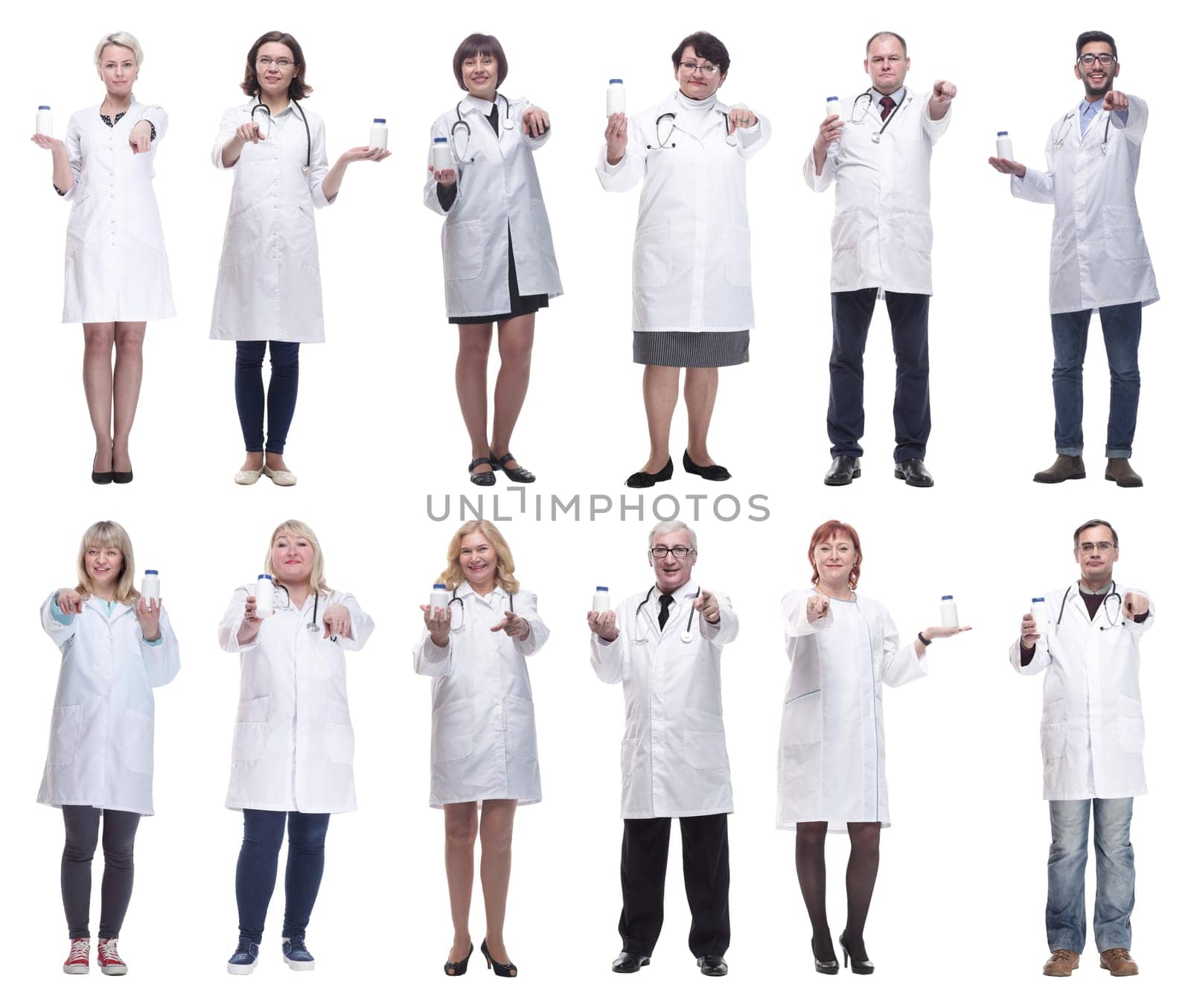 group of doctors holding jar isolated on white background