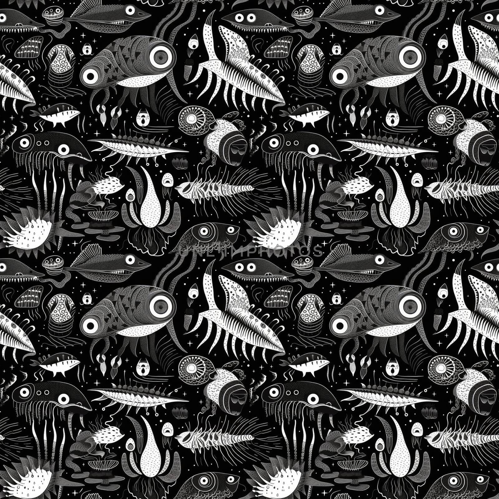 Seamless background of deep sea monsters and fish on a black background, with modern minimalist black and white art style.AI generated