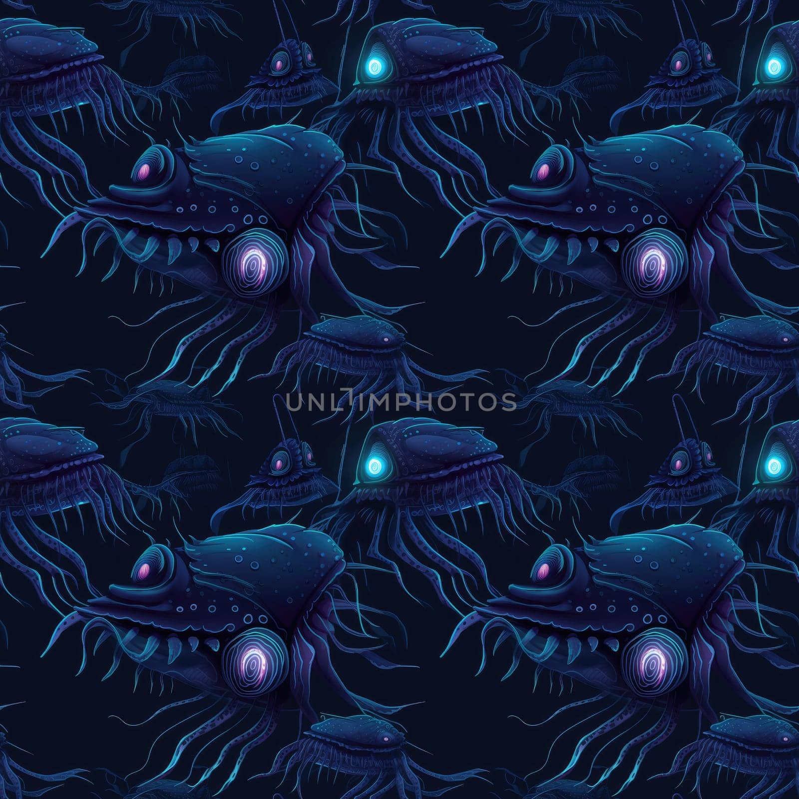 Seamless background of deep sea monsters and fish on a dark blue background, with bioluminescent features. Surrealism art style. AI generated