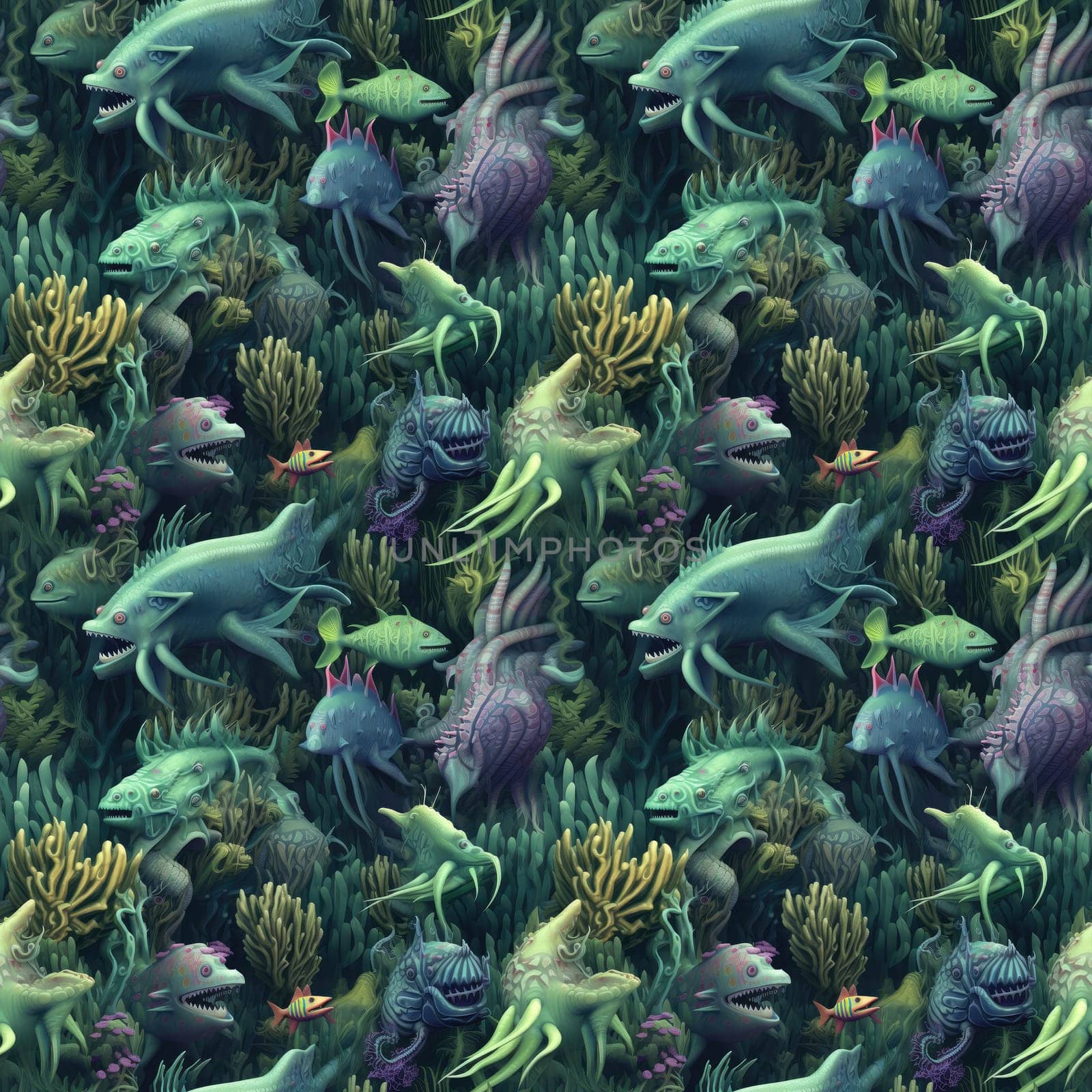 Seamless background of deep sea monsters and fish. Modern surrealism art style.AI generated