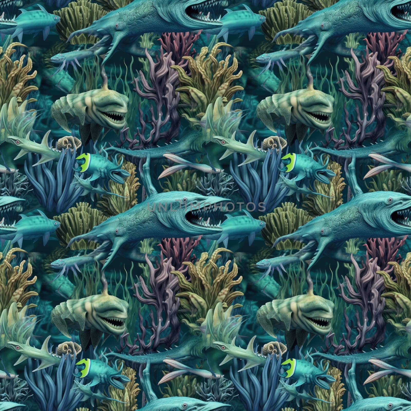 Seamless background of deep sea monsters and fish. Modern surrealism art style.AI generated