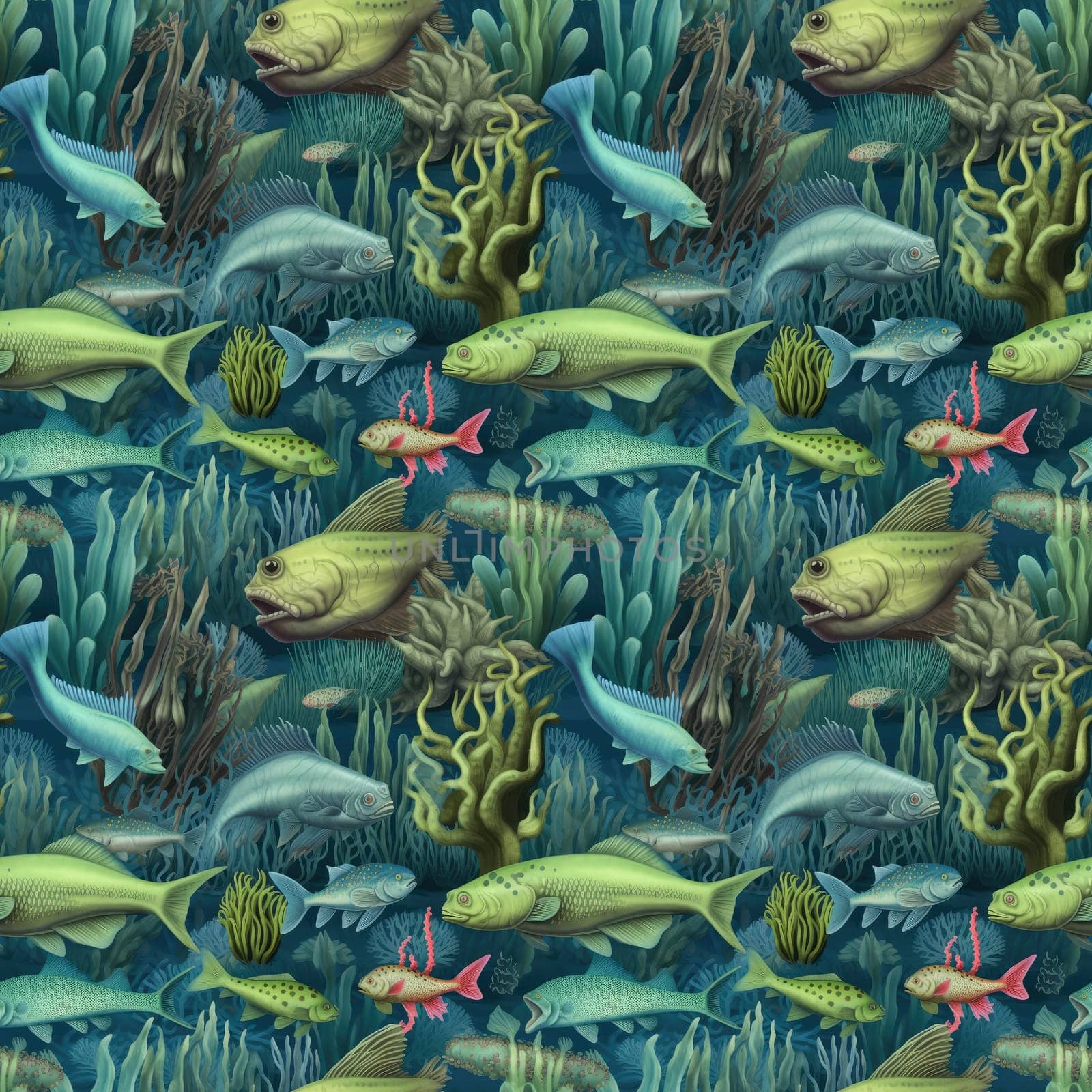 Seamless background of deep sea monsters and fish. Modern surrealism art style.AI generated