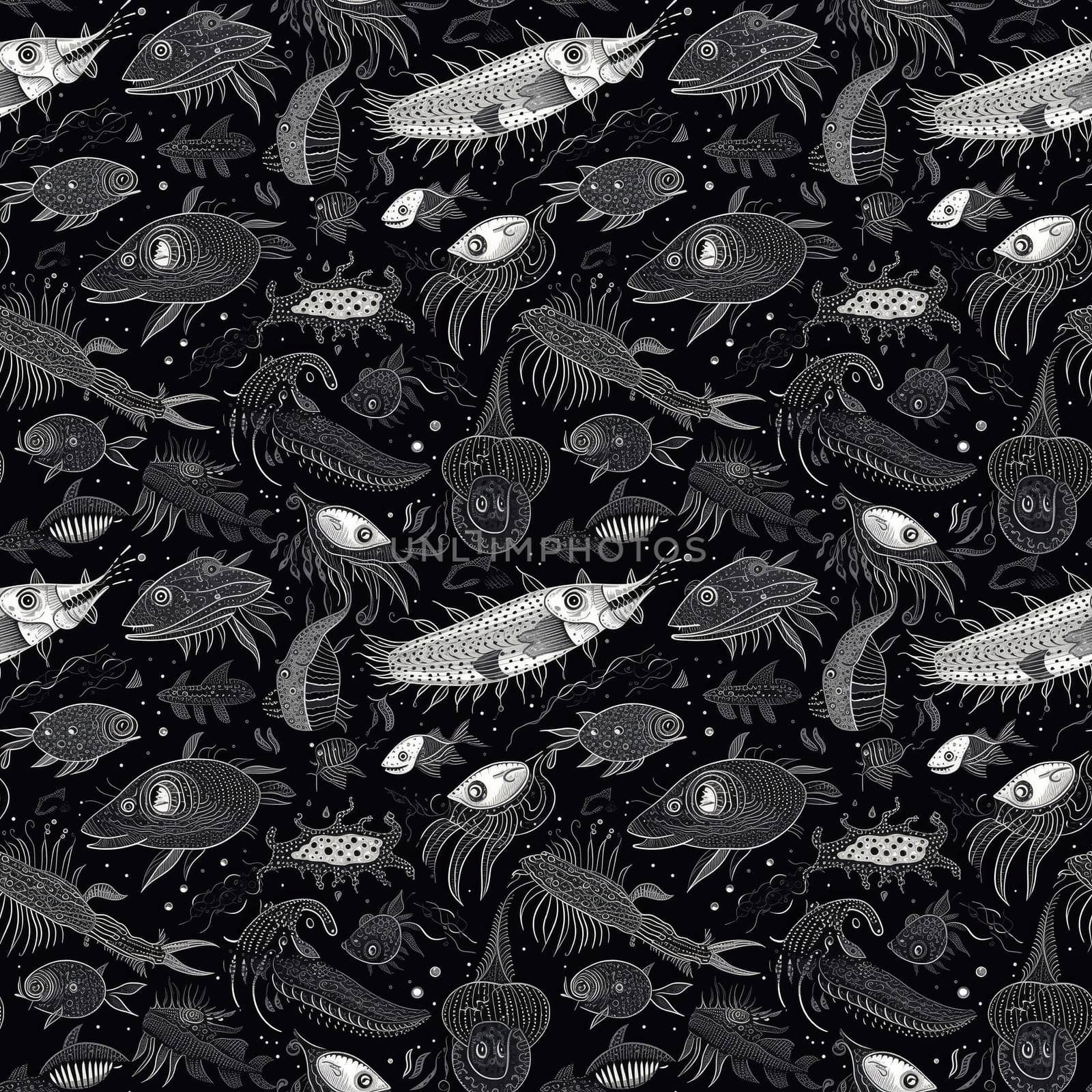 Seamless background of deep sea monsters and fish on a black background, with modern minimalist black and white art style.AI generated