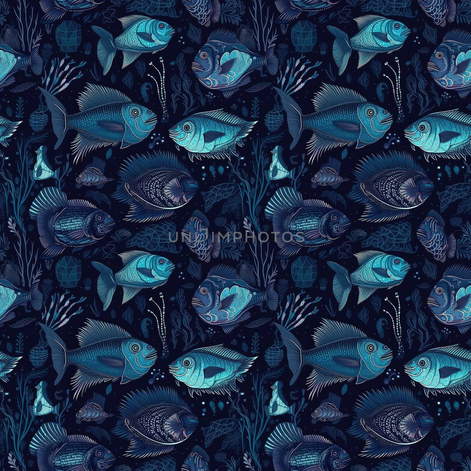 Seamless background of deep sea fish on a dark blue background, with bioluminescent features. Surrealism art style.AI generated