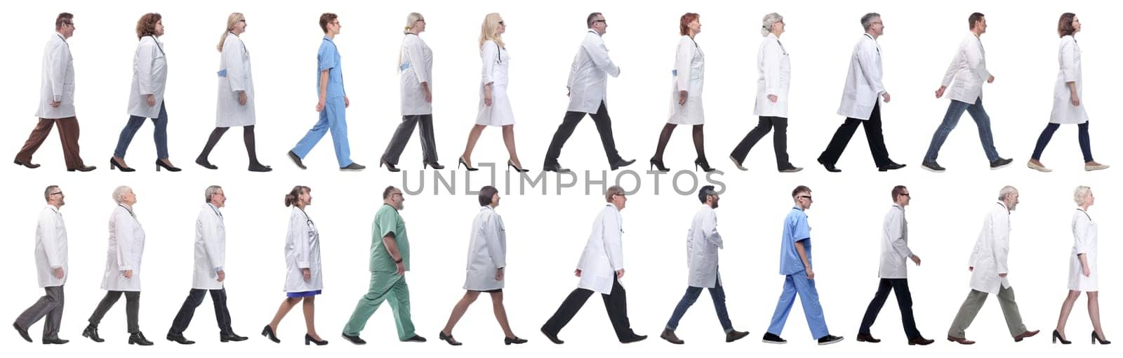 group of doctors in motion isolated on white background