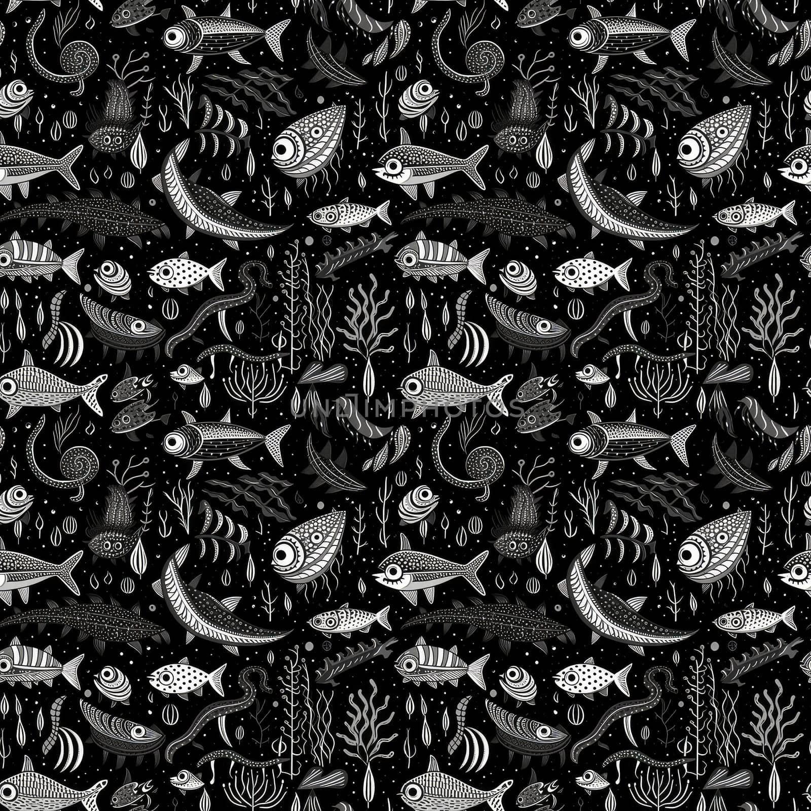 Seamless background of deep sea monsters and fish on a black background, with modern minimalist black and white art style.AI generated