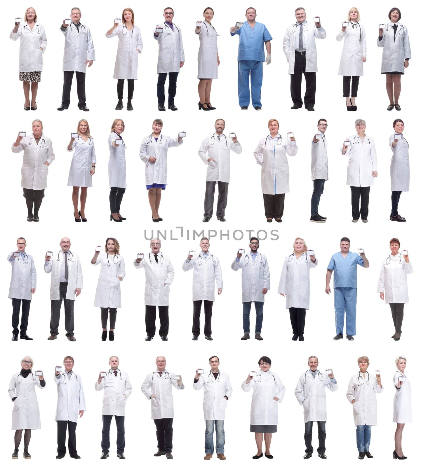 full length group of doctors showing badge isolated on white background