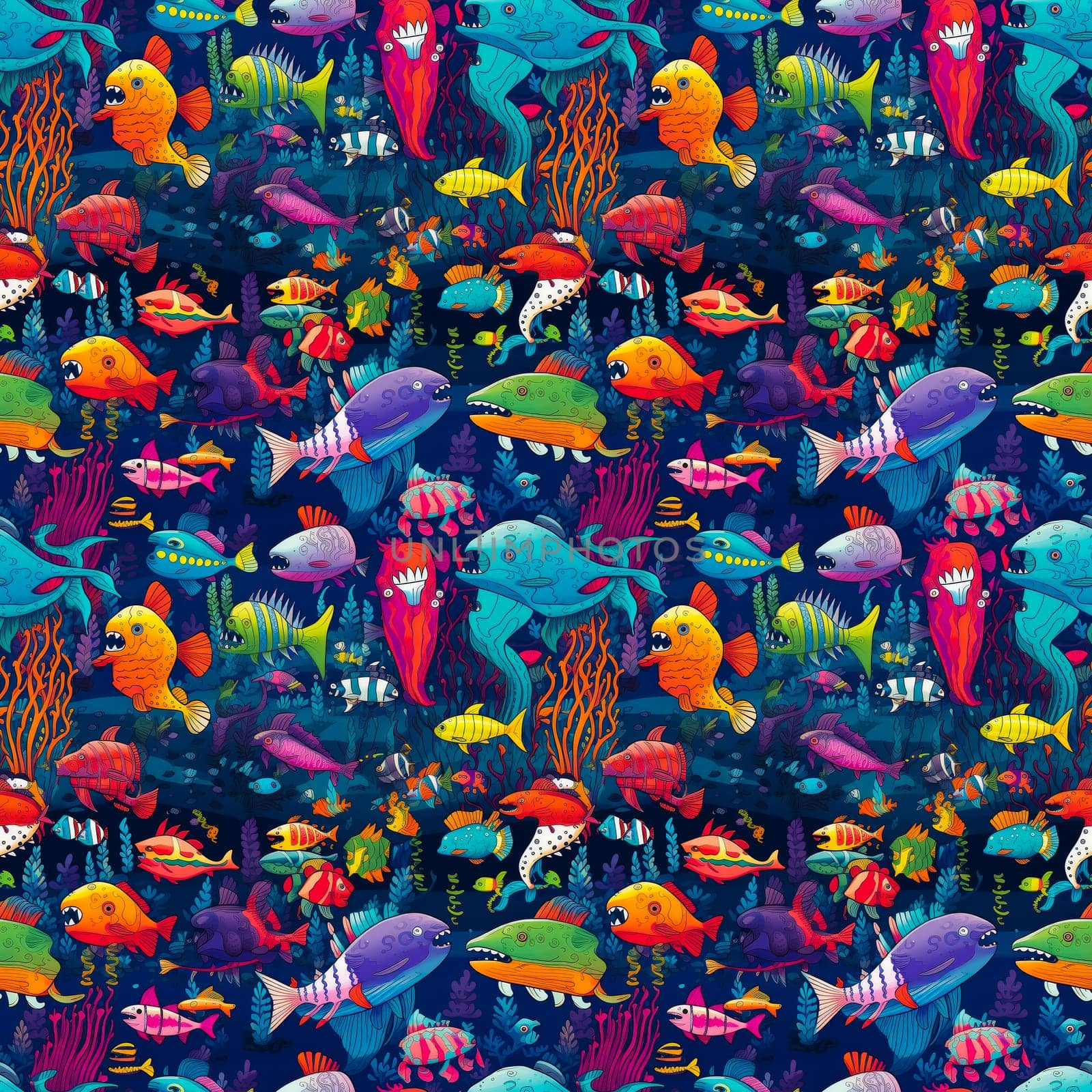 Seamless background of sea monsters and fish on a coral reef background, with vibrant and colorful cartoon art style.AI generated