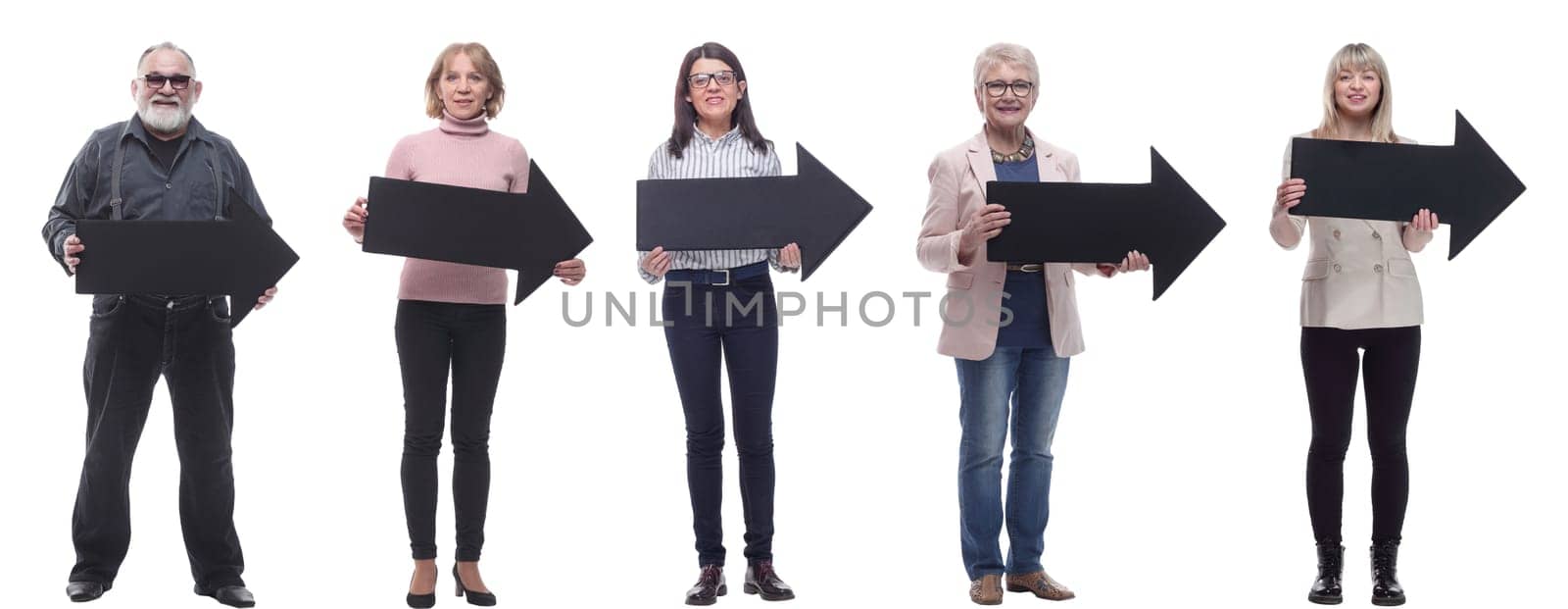 group of successful business people with black arrow isolated on white background