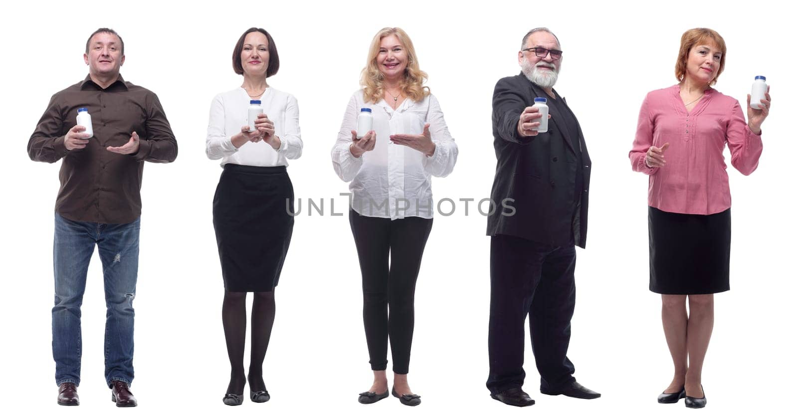 group of people taking a pill isolated on white background