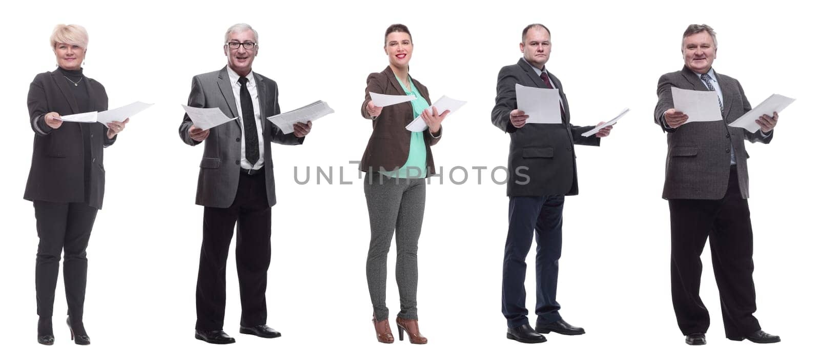 collage of people holding a4 sheet in hands isolated on white background